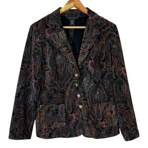 Vintage Script Blazer Size 12 Multicolor Paisley Print Velvet Boho Regal Baroque